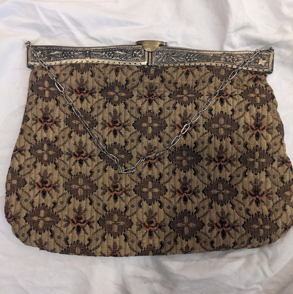 Early 1900s antique tapestry purse with chain